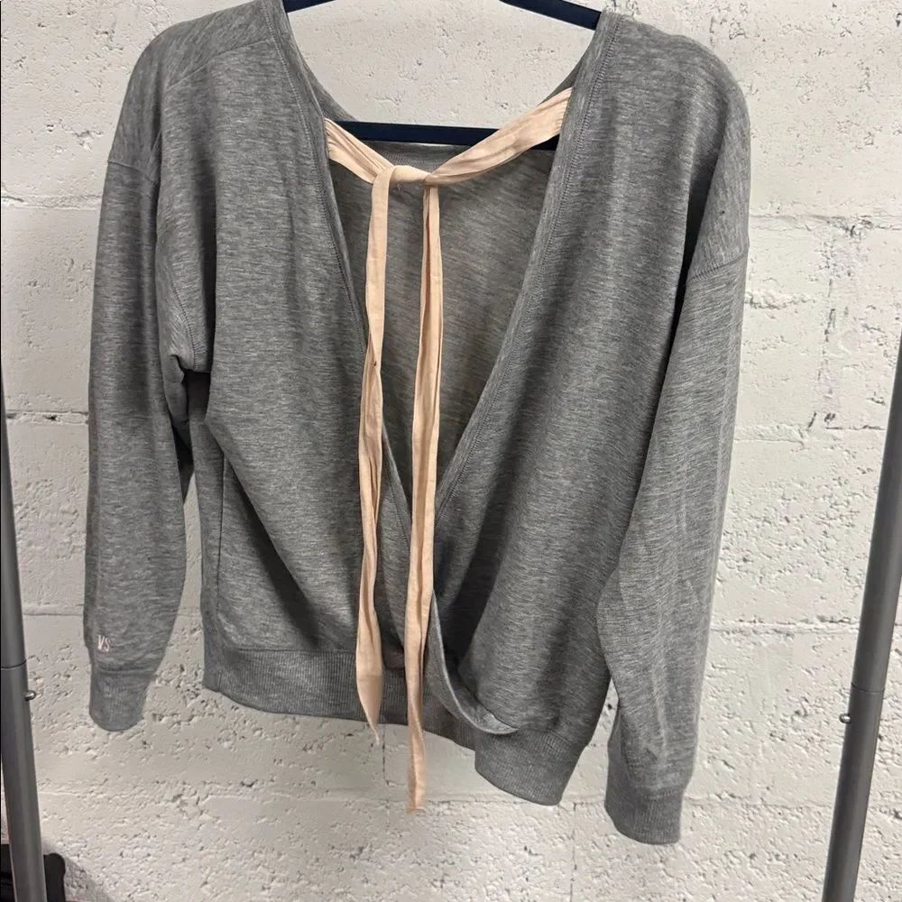 Victoria's Secret Gray Long Sleeve Open Back Sweater - Pink Bow Back Tie - XS